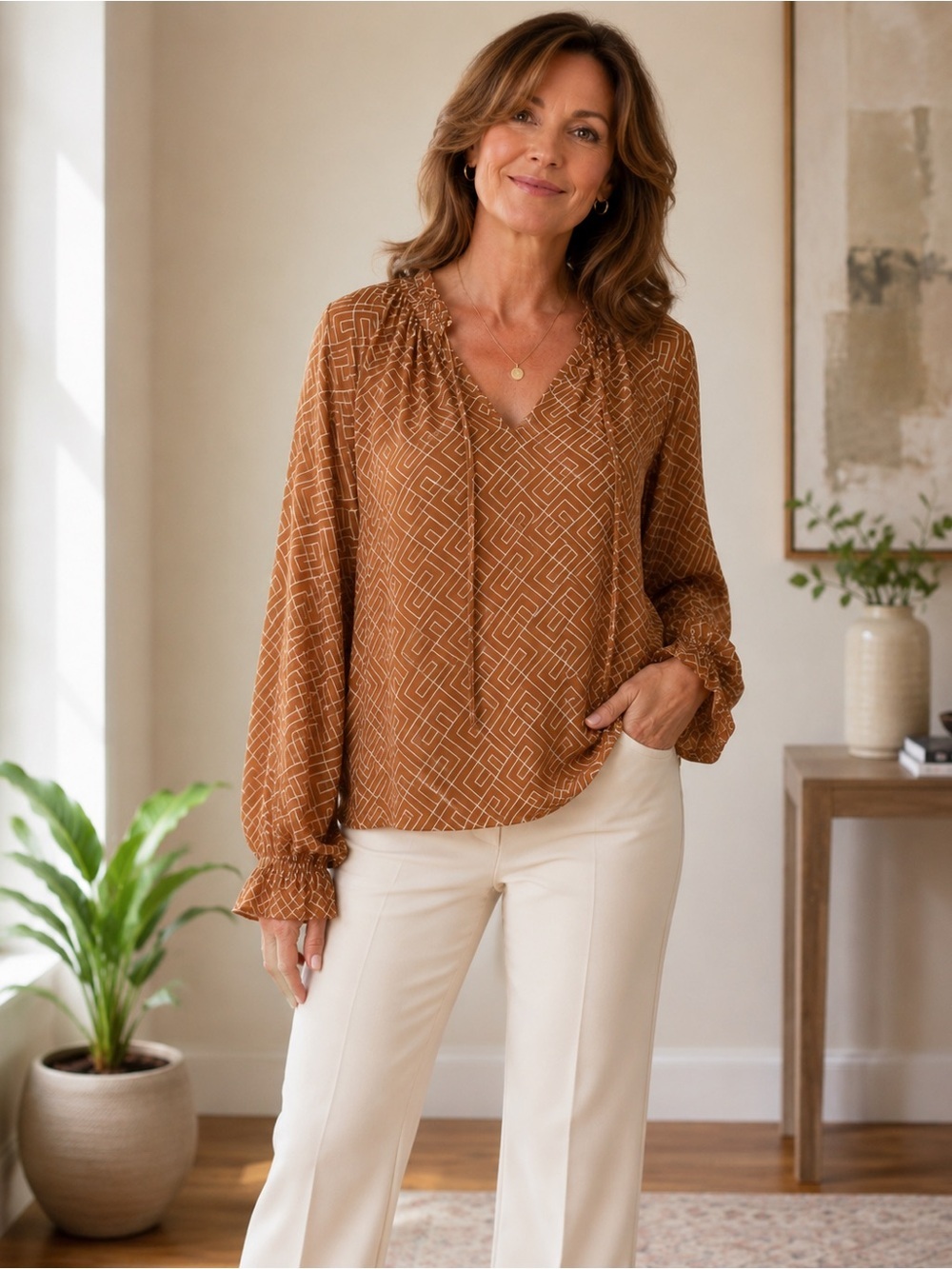 Worthington Rust Geo-Print V-Neck Tie Blouse